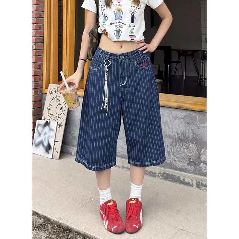 Retro American Striped Embroidery Jeans Women's Loose Straight Short Pants Summer Design Casual High Waist Wide Leg Jeans
Retro American Striped Embroidery Jeans Women's Loose Straight Short Pants Summer Design Casual High Waist Wide Leg Jeans