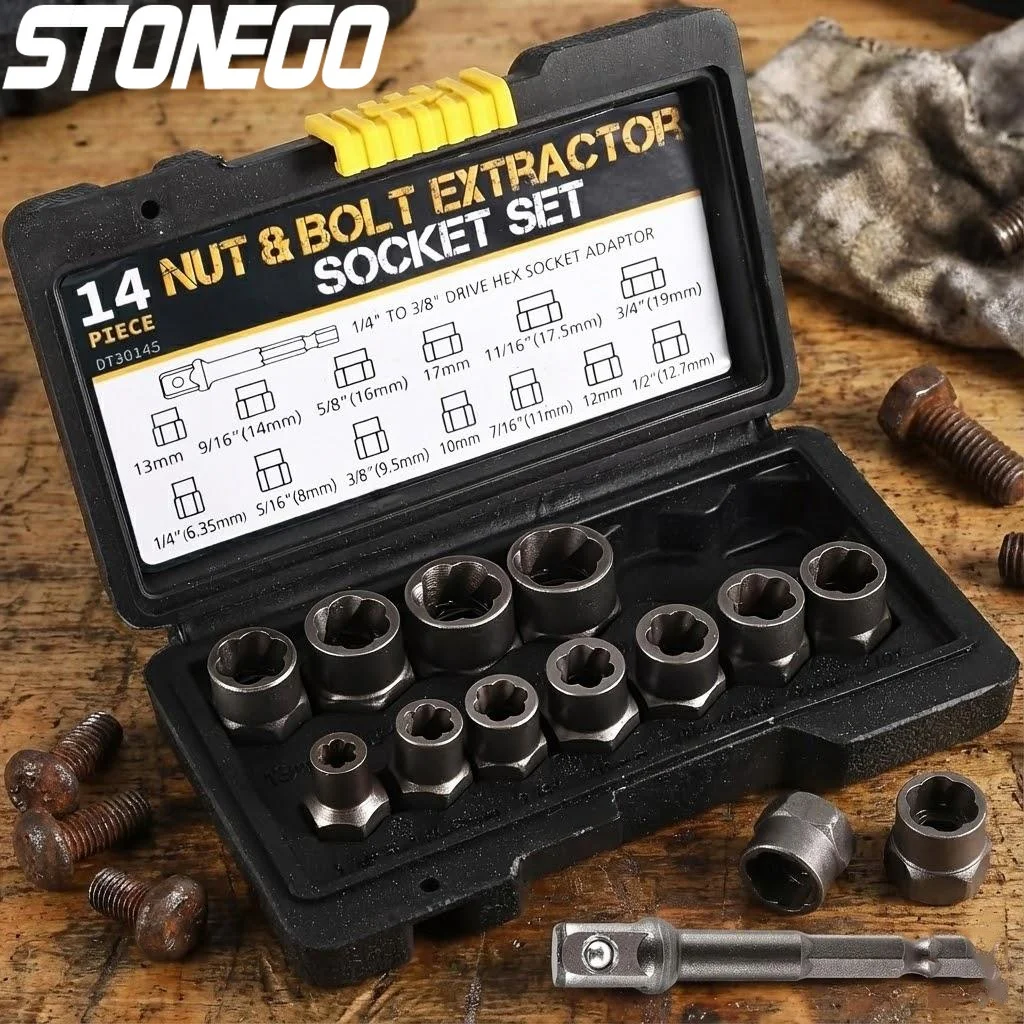 14PCS Impact Bolt Nut Remover Set Steel Extractor Tools with Storage Case 3 8 Inch Adapter