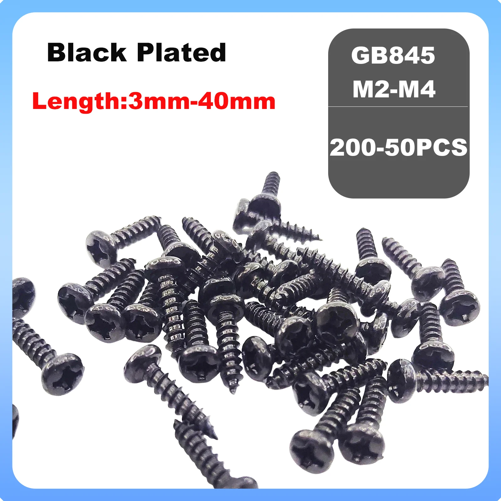 50-200pcs M2 M2.3 M2.6 M3 M3.5 M4 GB845 PA Black Steel Small Phillips Cross Round Pan Head Self-tapping Wood Screw
50-200pcs M2 M2.3 M2.6 M3 M3.5 M4 GB845 PA Black Steel Small Phillips Cross Round Pan Head Self-tapping Wood Screw