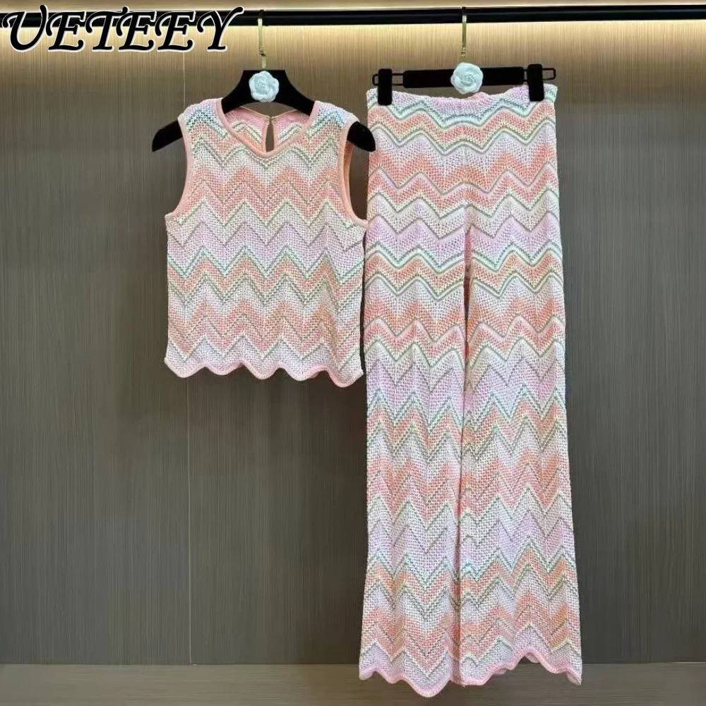 Французский элегантный весенне-летний модный волнистый узор, короткий вязаный жилет, свитер, укороченный топ + милый модный трикотаж, комплект с длинными брюками 
Французский элегантный весенне-летний модный волнистый узор, короткий вязаный жилет, свитер, укороченный топ + милый модный трикотаж, комплект с длинными брюками