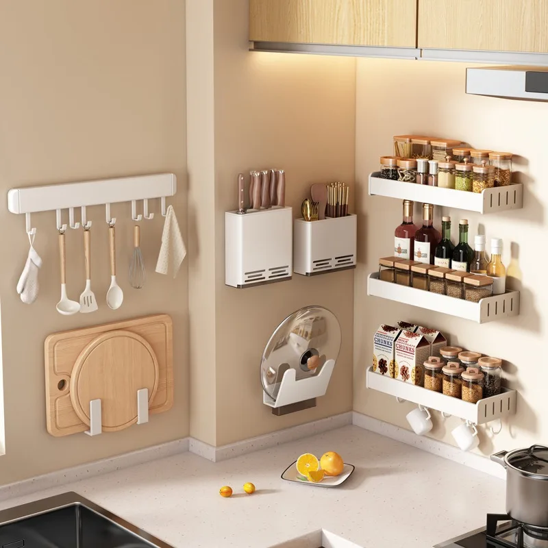 White kitchen non porous storage rack, pot cover rack, knife holder, seasoning rack, household multifunctional wall mounted kit
White kitchen non porous storage rack, pot cover rack, knife holder, seasoning rack, household multifunctional wall mounted kit