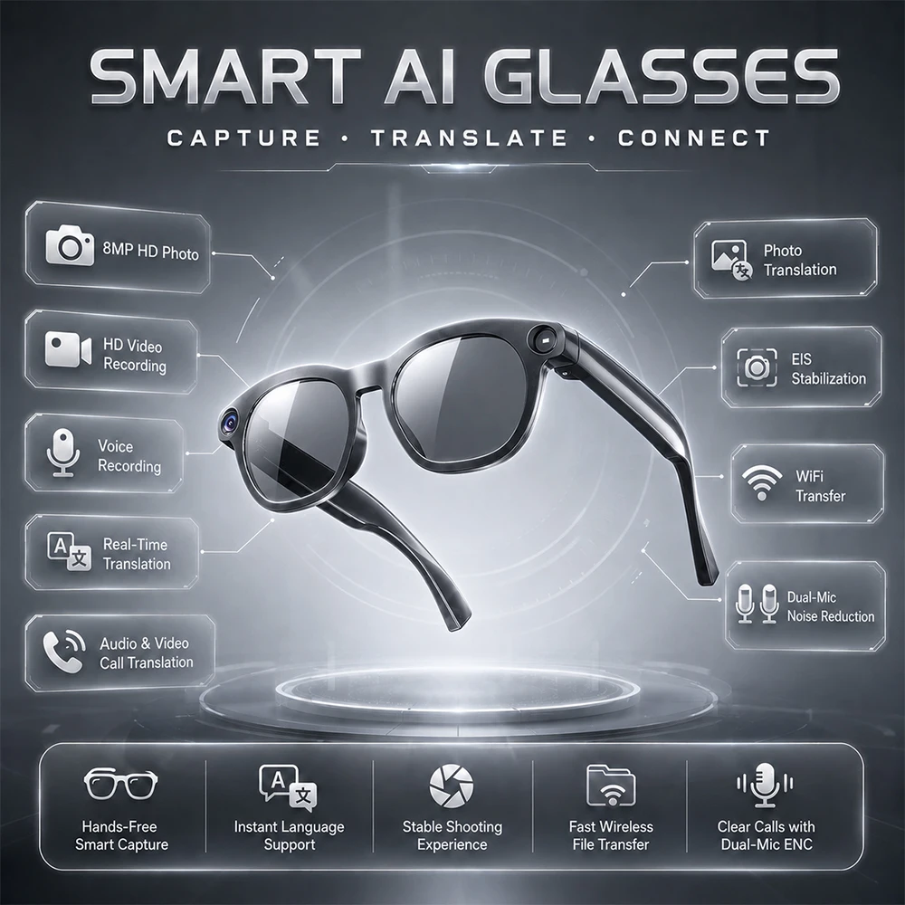 2026 New Smart AI Glasses 8MP HD Camera Video Recording Real Time Translation Wireless Call Music Bluetooth Sunglasses Men Women
2026 New Smart AI Glasses 8MP HD Camera Video Recording Real Time Translation Wireless Call Music Bluetooth Sunglasses Men Women