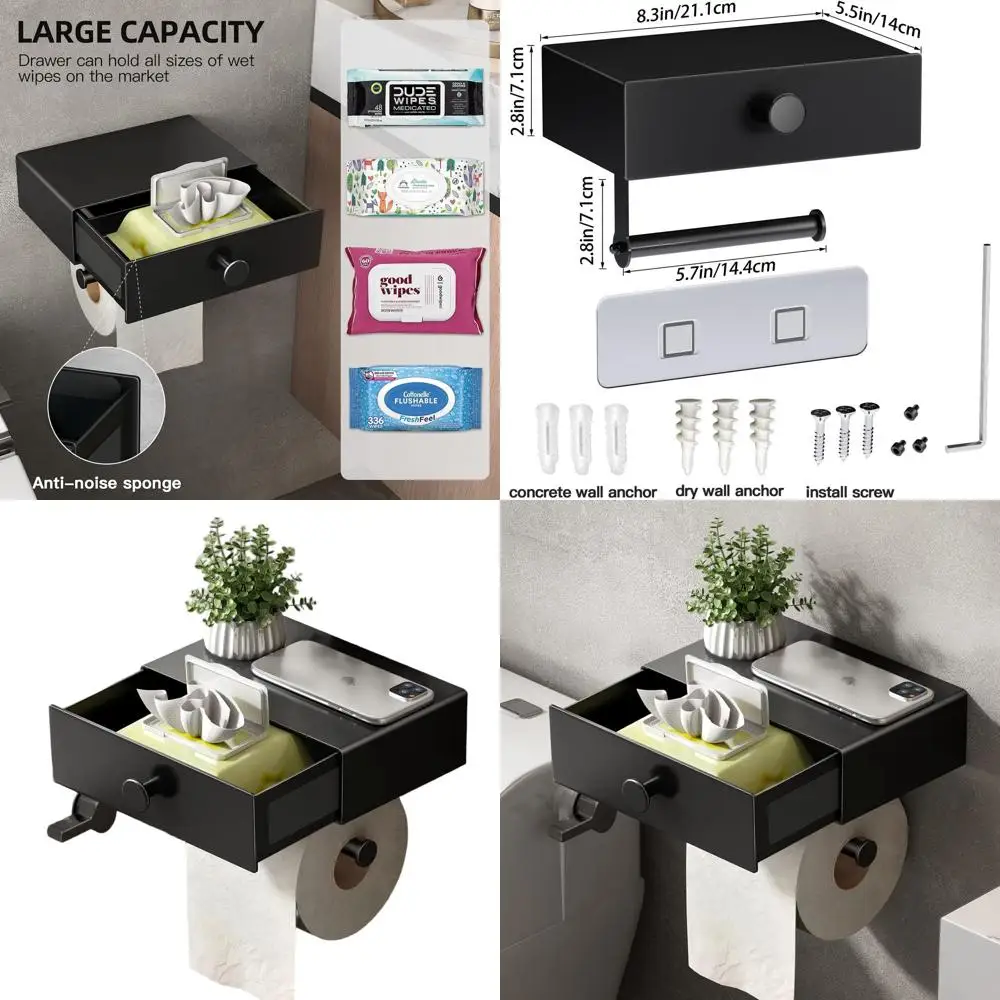 Black Wall-Mounted Toilet Paper Holder with Shelf and Wipes Dispenser for Small Bathroom Storage
Black Wall-Mounted Toilet Paper Holder with Shelf and Wipes Dispenser for Small Bathroom Storage