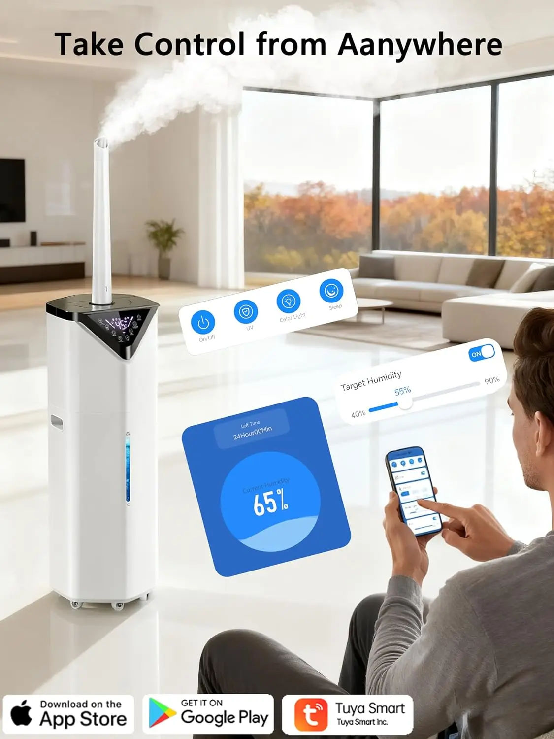 5Gal Smart Humidifier Large Room up to 2800ft², 1000mL/h, APP & Remote Control, 180° Auto Rotating Nozzle, 24H Timer, 60H Supers
5Gal Smart Humidifier Large Room up to 2800ft², 1000mL/h, APP & Remote Control, 180° Auto Rotating Nozzle, 24H Timer, 60H Supers