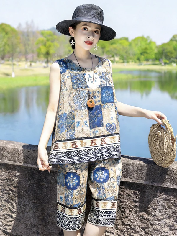 New Summer Floral Two-Piece Set Women's Sleeveless Vest Loose Cotton Silk Mommy Fashion Anti-Aging Casual High Waist Seven-Pi...
New Summer Floral Two-Piece Set Women's Sleeveless Vest Loose Cotton Silk Mommy Fashion Anti-Aging Casual High Waist Seven-Pi...
