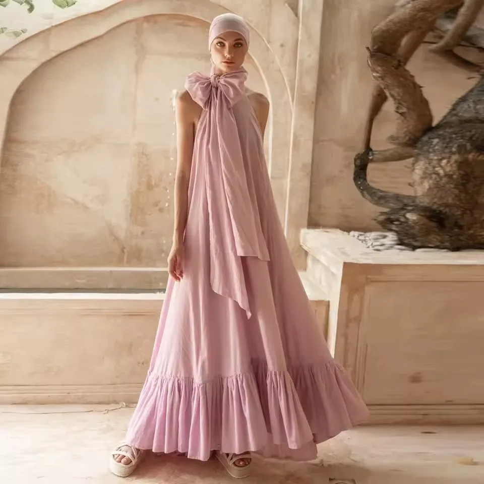Boho Pink Halter Bow Chiffon Women Holiday Dresses Neckline A-line Backless Female Beach Dress With Draped Edge Birthday Gowns
Boho Pink Halter Bow Chiffon Women Holiday Dresses Neckline A-line Backless Female Beach Dress With Draped Edge Birthday Gowns