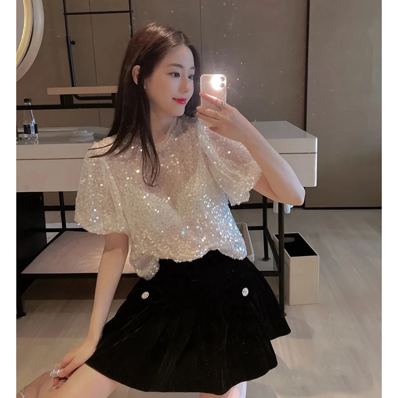 White Lace Bubble Sleeve T-Shirt Women's Summer New Style Glowing Silver Bubble Sleeve Short Sleeve T-Shirt Commute Style rou...
White Lace Bubble Sleeve T-Shirt Women's Summer New Style Glowing Silver Bubble Sleeve Short Sleeve T-Shirt Commute Style rou...