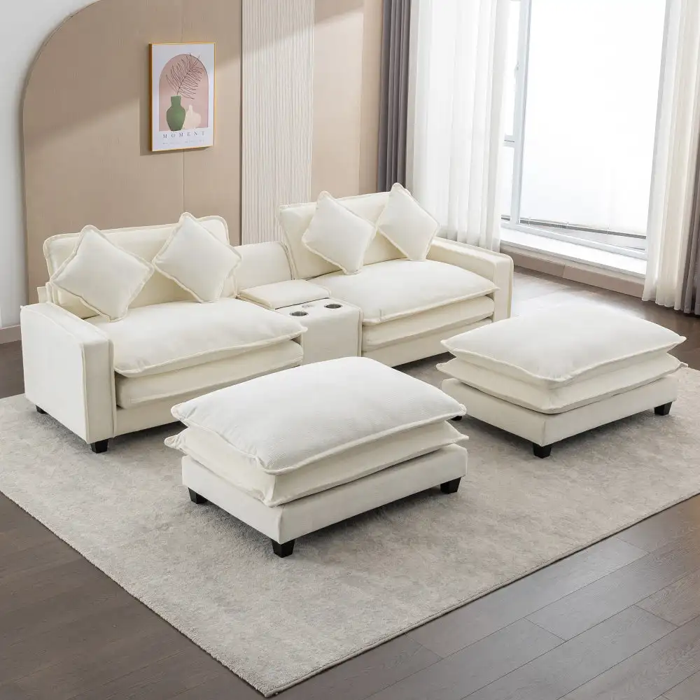 111″ Sectional Sofa Chenille Upholstered Sofa with Two Removable Ottoman, Two USB Ports, Two Cup Holders and Large Storage Box
111″ Sectional Sofa Chenille Upholstered Sofa with Two Removable Ottoman, Two USB Ports, Two Cup Holders and Large Storage Box