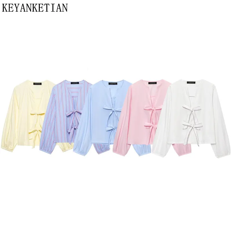 KEYANKETIAN Summer New Women's V-neck Bow Tie Tie Open Collar Long Sleeved Casual Poplin Shirt Women Top 
KEYANKETIAN Summer New Women's V-neck Bow Tie Tie Open Collar Long Sleeved Casual Poplin Shirt Women Top