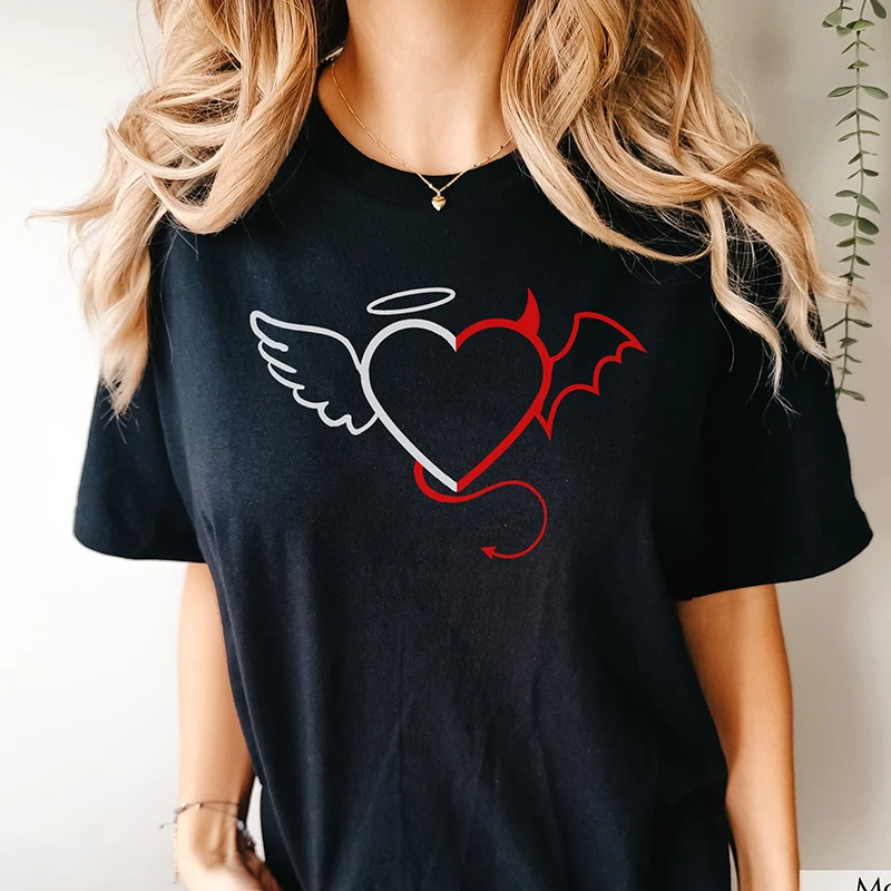 Angel and Devil Heart Women T Shirt Wings Demon Girl Graphic Tee Cotton Summer Fashion T-shirt Female Y2k Kawaii Clothes Female
Angel and Devil Heart Women T Shirt Wings Demon Girl Graphic Tee Cotton Summer Fashion T-shirt Female Y2k Kawaii Clothes Female