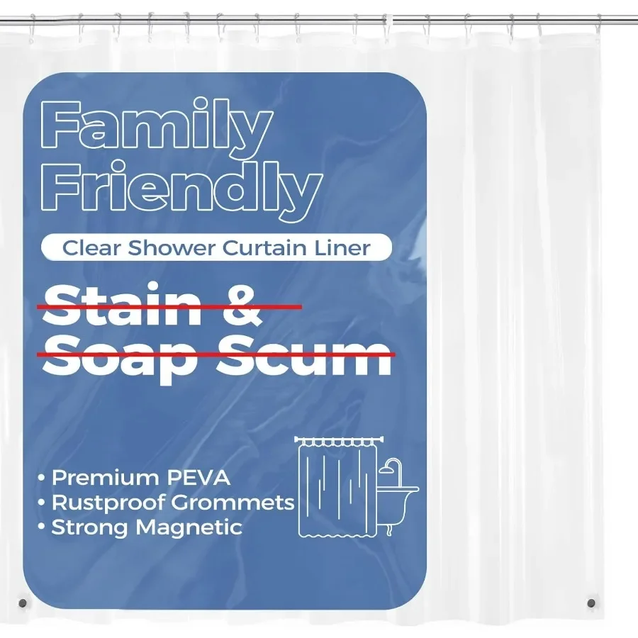 Водонепроницаемая легкая пластиковая подкладка для занавески для душа PEVA с магнитами для ванной комнаты шириной 72 дюйма x 84 дюйма, идеально подходит для Hu
Водонепроницаемая легкая пластиковая подкладка для занавески для душа PEVA с магнитами для ванной комнаты шириной 72 дюйма x 84 дюйма, идеально подходит для Hu