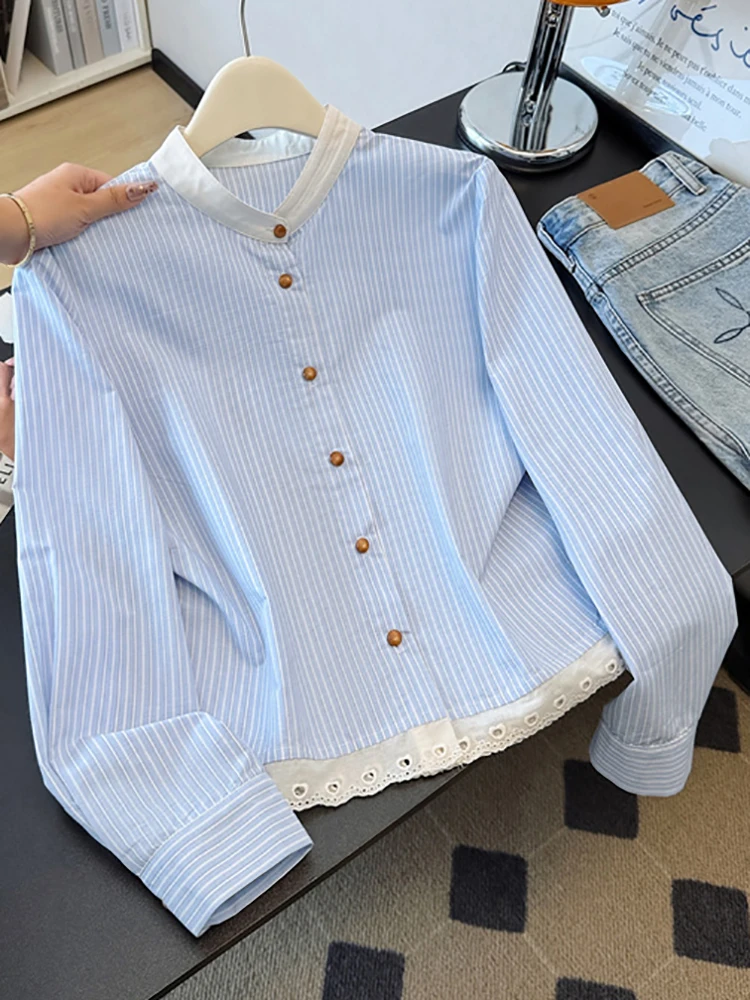 Blue Stripe Shirt Women Autumn New Korean Style Lace Casual Loose Sweet Tops Fashion Single Breasted Stand-up Collar Coat
Blue Stripe Shirt Women Autumn New Korean Style Lace Casual Loose Sweet Tops Fashion Single Breasted Stand-up Collar Coat