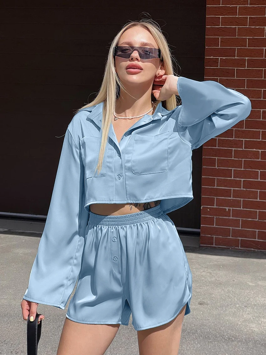 Marthaqiqi Blue Ladies Pajamas Suit Turn-Down Collar Sleepwear Long Sleeve Nightgowns Shorts Casual Female Nightwear 2 Piece Set
Marthaqiqi Blue Ladies Pajamas Suit Turn-Down Collar Sleepwear Long Sleeve Nightgowns Shorts Casual Female Nightwear 2 Piece Set