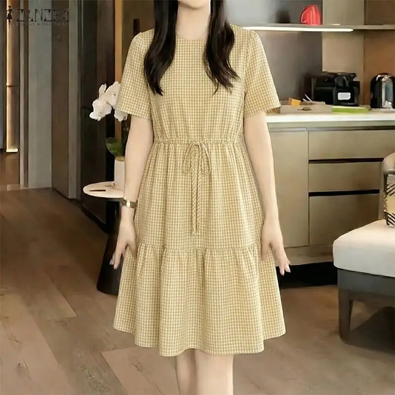 ZANZEA Women's Elegant Gingham A-Line Dresses O-Neck Short Sleeve Drawstring Waist Knee-Length Dress Summer Casual Robes Femme
ZANZEA Women's Elegant Gingham A-Line Dresses O-Neck Short Sleeve Drawstring Waist Knee-Length Dress Summer Casual Robes Femme