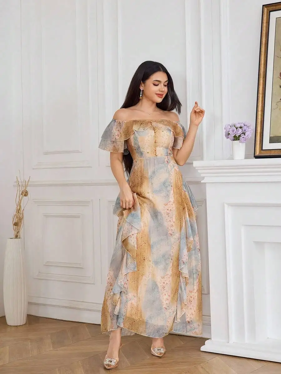 Womens Summer All-Over Print Ruffle Off-Shoulder Maxi Dress
Womens Summer All-Over Print Ruffle Off-Shoulder Maxi Dress