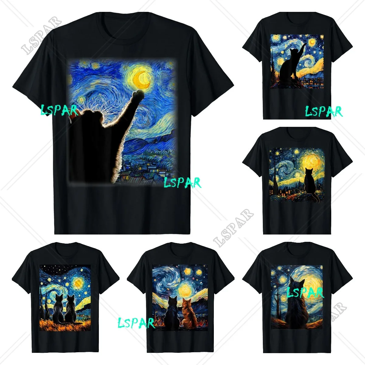 Футболка с изображением кота Ван Гога «Звездная ночь», подарок для любителей кошек/мамы/папы, мужская одежда с черным вырезом, мужская одежда, футболка большого размера в стиле Харадзюку 
Футболка с изображением кота Ван Гога «Звездная ночь», подарок для любителей кошек/мамы/папы, мужская одежда с черным вырезом, мужская одежда, футболка большого размера в стиле Харадзюку