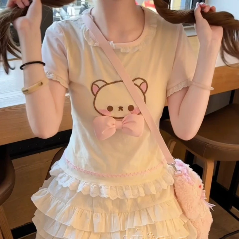 Japanese Kawaii Sweet Lolita T Shirt Women Cute Lace Ruffles O Neck Cartoon Print Bow Slim Tops Summer Girls Casual Fashion Tees
Japanese Kawaii Sweet Lolita T Shirt Women Cute Lace Ruffles O Neck Cartoon Print Bow Slim Tops Summer Girls Casual Fashion Tees