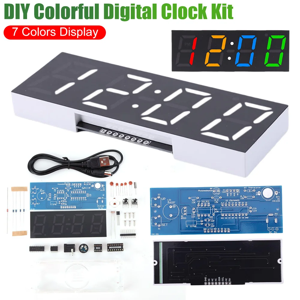 Красочные светодиодные цифровые часы, комплект 7 цветов, наборы электронных часов «сделай сам», набор времени, неделя, даты, температуры, модуль дисплея, электронные компоненты
Красочные светодиодные цифровые часы, комплект 7 цветов, наборы электронных часов «сделай сам», набор времени, неделя, даты, температуры, модуль дисплея, электронные компоненты