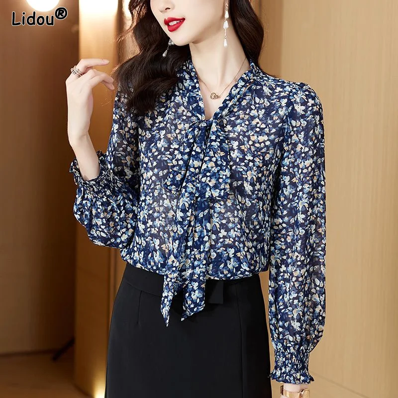 Loose Scarf Collar Printing Floral Chiffon Blouses Thin Spring Summer Fashion Casual Lacing Women's Clothing Temperament Pleated
Loose Scarf Collar Printing Floral Chiffon Blouses Thin Spring Summer Fashion Casual Lacing Women's Clothing Temperament Pleated