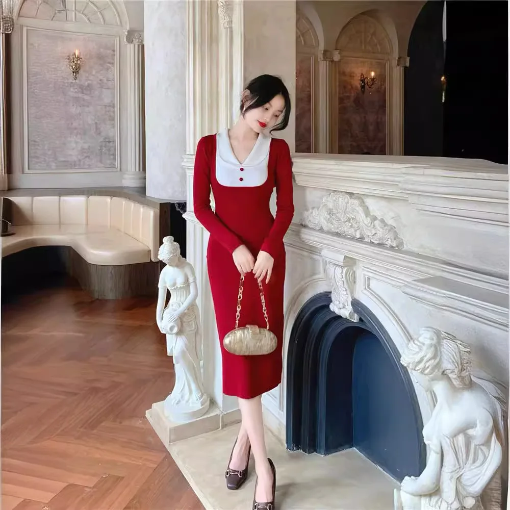 3930, осенне-зимнее элегантное вязаное платье с цветными блоками, уменьшающее возраст кукольного воротника, с застежкой на талии
3930, осенне-зимнее элегантное вязаное платье с цветными блоками, уменьшающее возраст кукольного воротника, с застежкой на талии