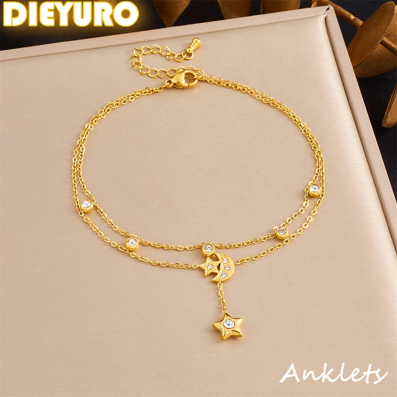 DIEYURO 316L Stainless Steel Zircon Inlay Moon Star Combination Long Pendant Anklet Women Golden Plated Waterproof Foot Chain
DIEYURO 316L Stainless Steel Zircon Inlay Moon Star Combination Long Pendant Anklet Women Golden Plated Waterproof Foot Chain