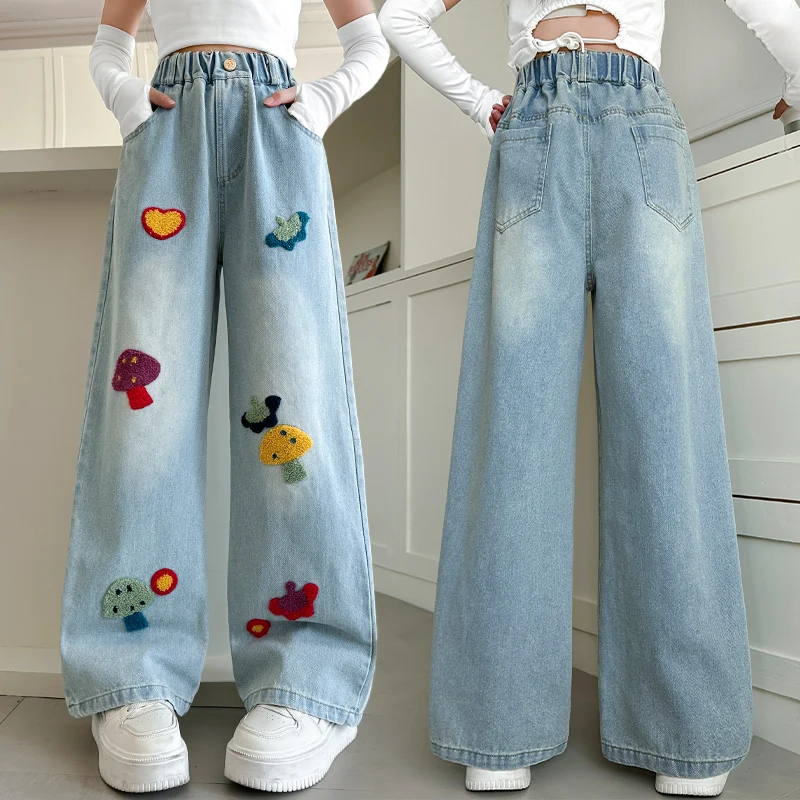 Cute Teenager Girls Elastic Waist Wide Leg Jeans Embroidery Mushroom Pattern Fashionable 2025 Spring Summer Kids Pants Clothes
Cute Teenager Girls Elastic Waist Wide Leg Jeans Embroidery Mushroom Pattern Fashionable 2025 Spring Summer Kids Pants Clothes