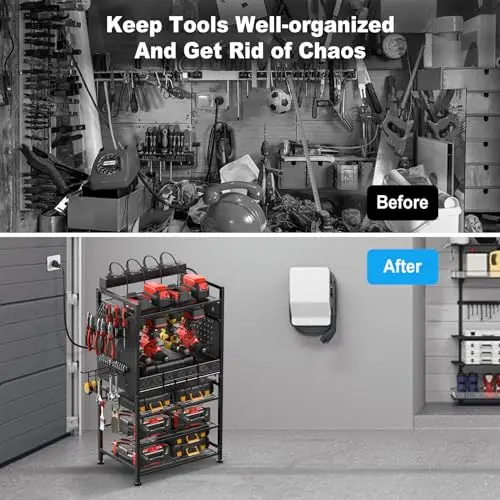 Black Multi-Tier Garage Tool Organizer With 8-Outlet Power Hub, Adjustable Shelves, And Dedicated Drill Battery Charging Slots
Black Multi-Tier Garage Tool Organizer With 8-Outlet Power Hub, Adjustable Shelves, And Dedicated Drill Battery Charging Slots