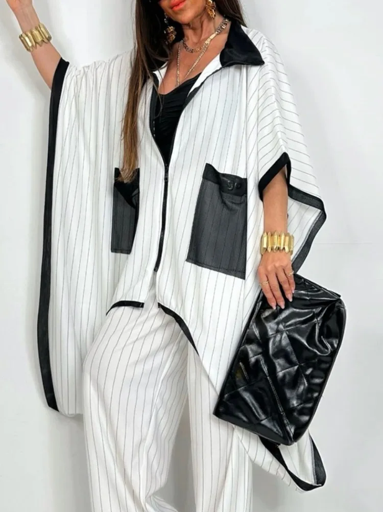 UOOZEE 2026 Women's Trendy Striped Batwing Sleeves Oversized Zipper Lapel Blouses Asymmetrical Hem Pockets Casual Cover Up Tops
UOOZEE 2026 Women's Trendy Striped Batwing Sleeves Oversized Zipper Lapel Blouses Asymmetrical Hem Pockets Casual Cover Up Tops