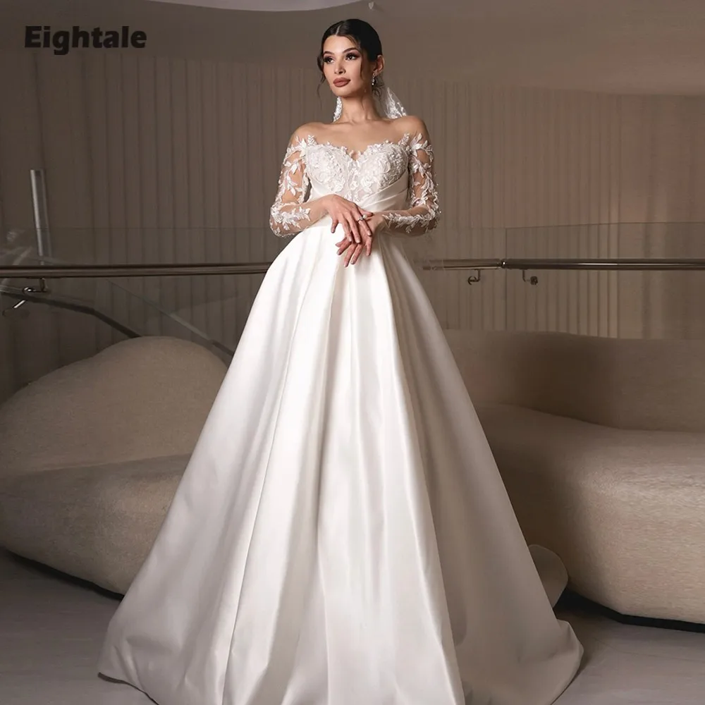 Eightale New Wedding Dress O-Neck Customized White Ivory A-Line Appliques Lace Long Sleeve Satin Bridal Gown Robe De Mariée
Eightale New Wedding Dress O-Neck Customized White Ivory A-Line Appliques Lace Long Sleeve Satin Bridal Gown Robe De Mariée