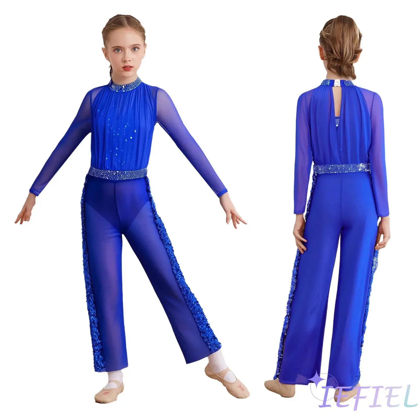 Kids Girls Figure Skating Modern Dance Costume Long Sleeve Keyhole Back Sheer Mesh Leotard with Elastic Waistband Wide-Leg Pants
Kids Girls Figure Skating Modern Dance Costume Long Sleeve Keyhole Back Sheer Mesh Leotard with Elastic Waistband Wide-Leg Pants