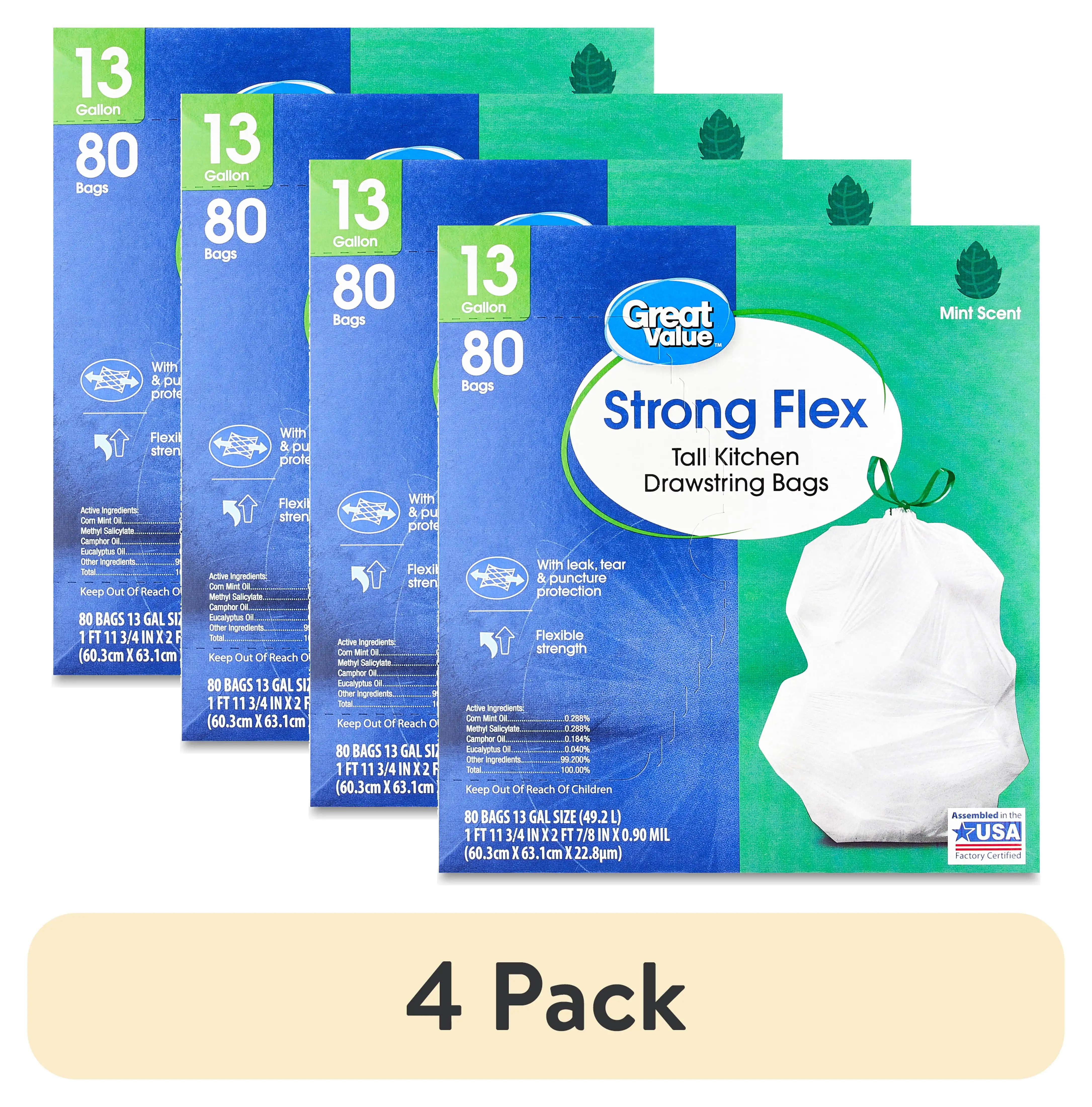 (4 Pack) Strong Flex 13 Gallon Tall Kitchen Drawstring Bags, Mint Scent, 80 Count
(4 Pack) Strong Flex 13 Gallon Tall Kitchen Drawstring Bags, Mint Scent, 80 Count