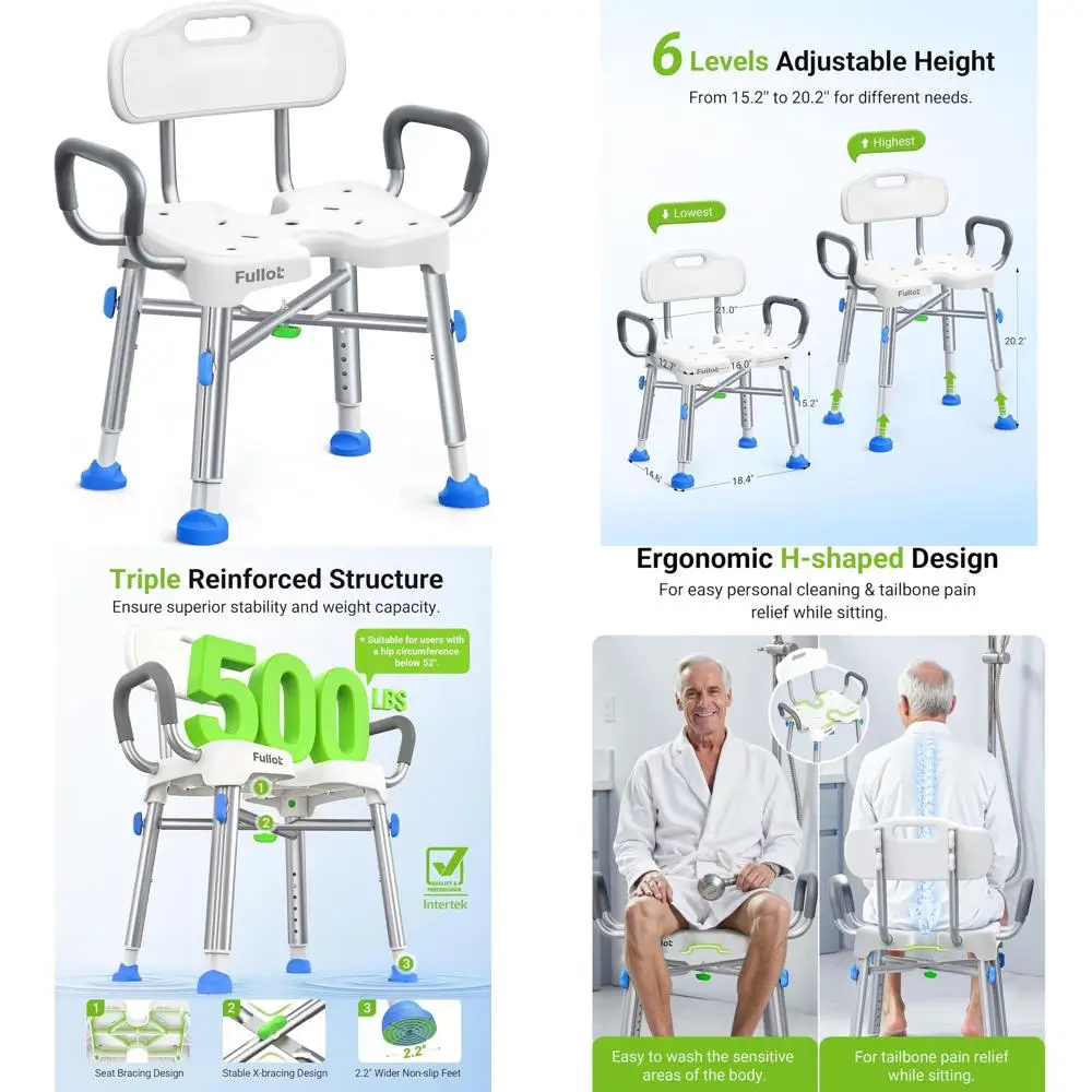 Heavy-Duty Ergonomic Shower Chair with Padded Arms for Elderly and Disabled, 500 lbs Capacity, Adjustable and Anti-Slip
Heavy-Duty Ergonomic Shower Chair with Padded Arms for Elderly and Disabled, 500 lbs Capacity, Adjustable and Anti-Slip