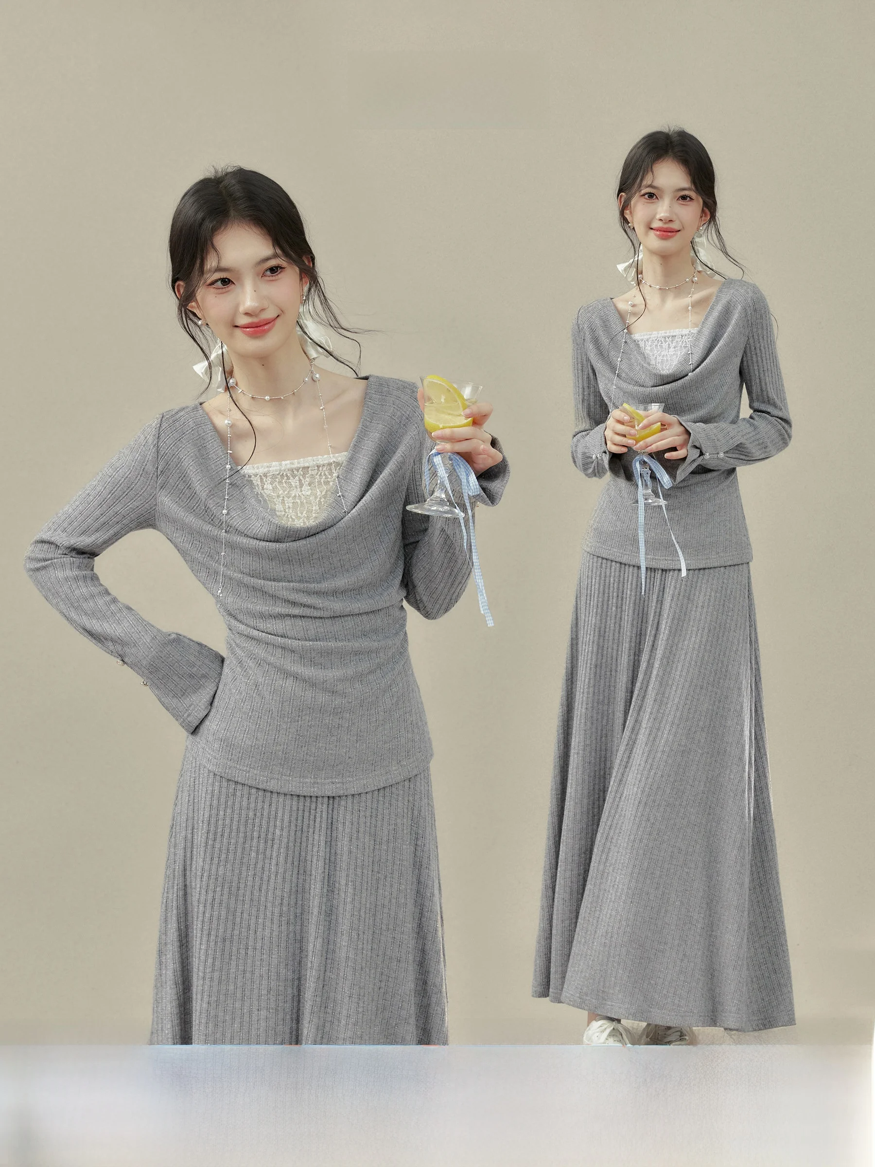Spring Grey Lace Long Sleeve Blouse And Skirt Set Women's Fashion Casual Style Two-Piece Suit Winter Collection Adult Size
Spring Grey Lace Long Sleeve Blouse And Skirt Set Women's Fashion Casual Style Two-Piece Suit Winter Collection Adult Size