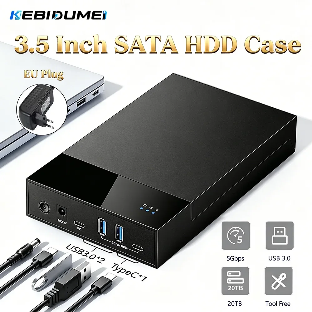 Kebidumei 3.5 Inch HDD Case External Hard Drive Storage Enclosure Docking Station for 2.5/3.5 In SATA SSD HDD With 12V 2A Power