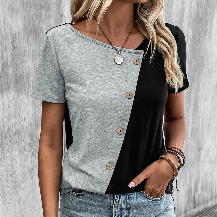 2025 New Women's Button-Detail Oversized Tee Contrast Color Asymmetrical Neck Short Sleeve Casual Top Summer Streetwear Blouse
2025 New Women's Button-Detail Oversized Tee Contrast Color Asymmetrical Neck Short Sleeve Casual Top Summer Streetwear Blouse