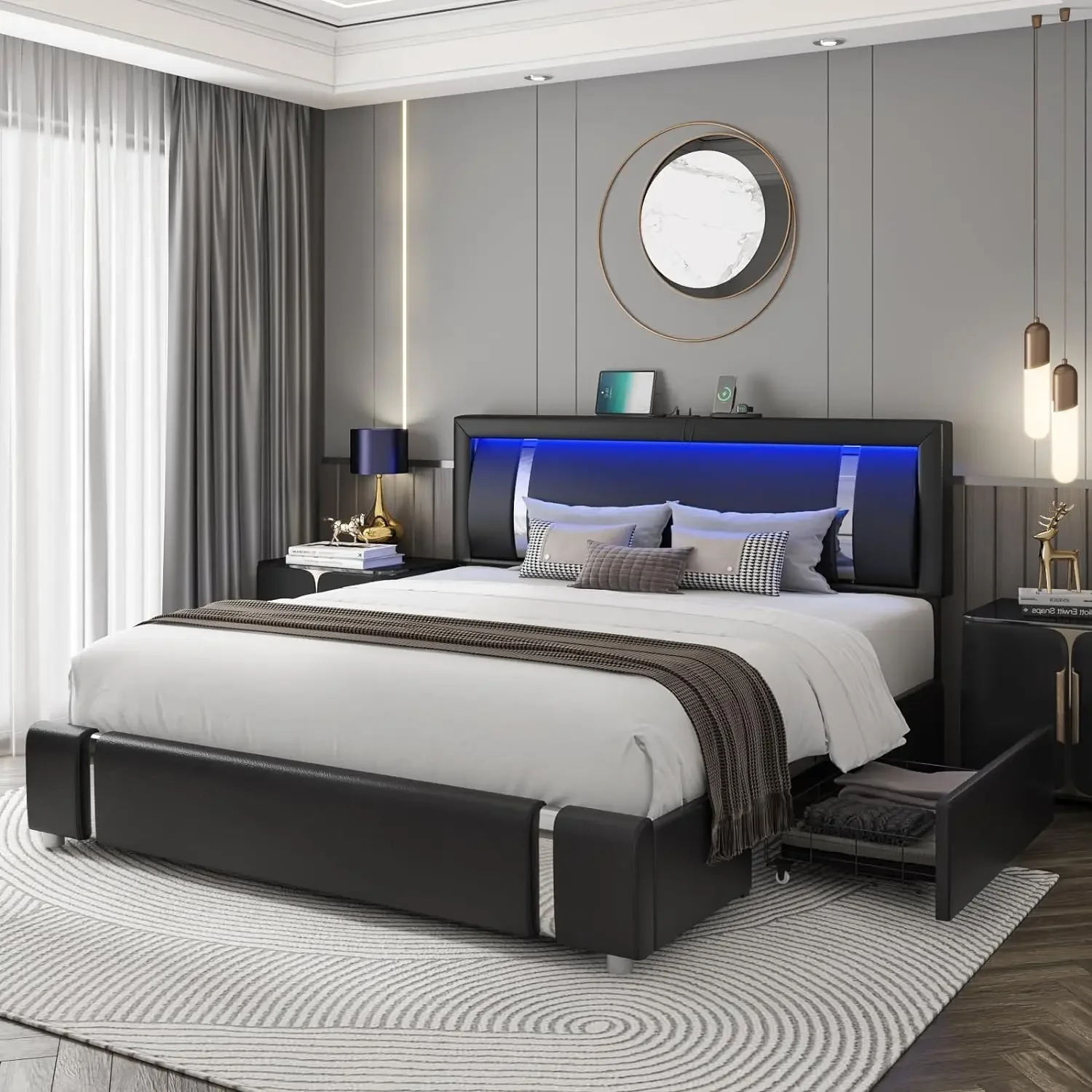 King Size Bed Frame with RGB LED Lights & 2 Storage Drawers, Modern Upholstered Platform Bed with Iron Metal Decor
King Size Bed Frame with RGB LED Lights & 2 Storage Drawers, Modern Upholstered Platform Bed with Iron Metal Decor