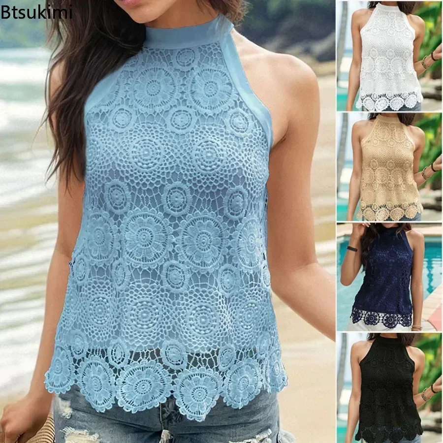 2025 Women's Lace Splice Hollow Out Blouses Summer Sleeveless Halter Tops Fashion Solid Versatile Temperament Pullover Female
2025 Women's Lace Splice Hollow Out Blouses Summer Sleeveless Halter Tops Fashion Solid Versatile Temperament Pullover Female