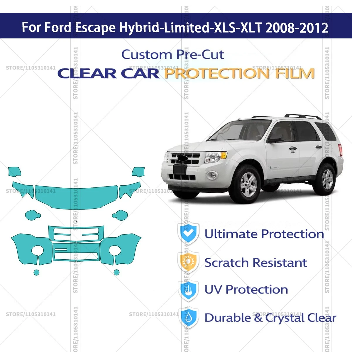 Для Ford Escape Hybrid-Limited-XLS-XLT 2008-2012: Предварительно вырезанная прозрачная защитная пленка (PPF) для автомобиля, комплект для передней части кузова
Для Ford Escape Hybrid-Limited-XLS-XLT 2008-2012: Предварительно вырезанная прозрачная защитная пленка (PPF) для автомобиля, комплект для передней части кузова
