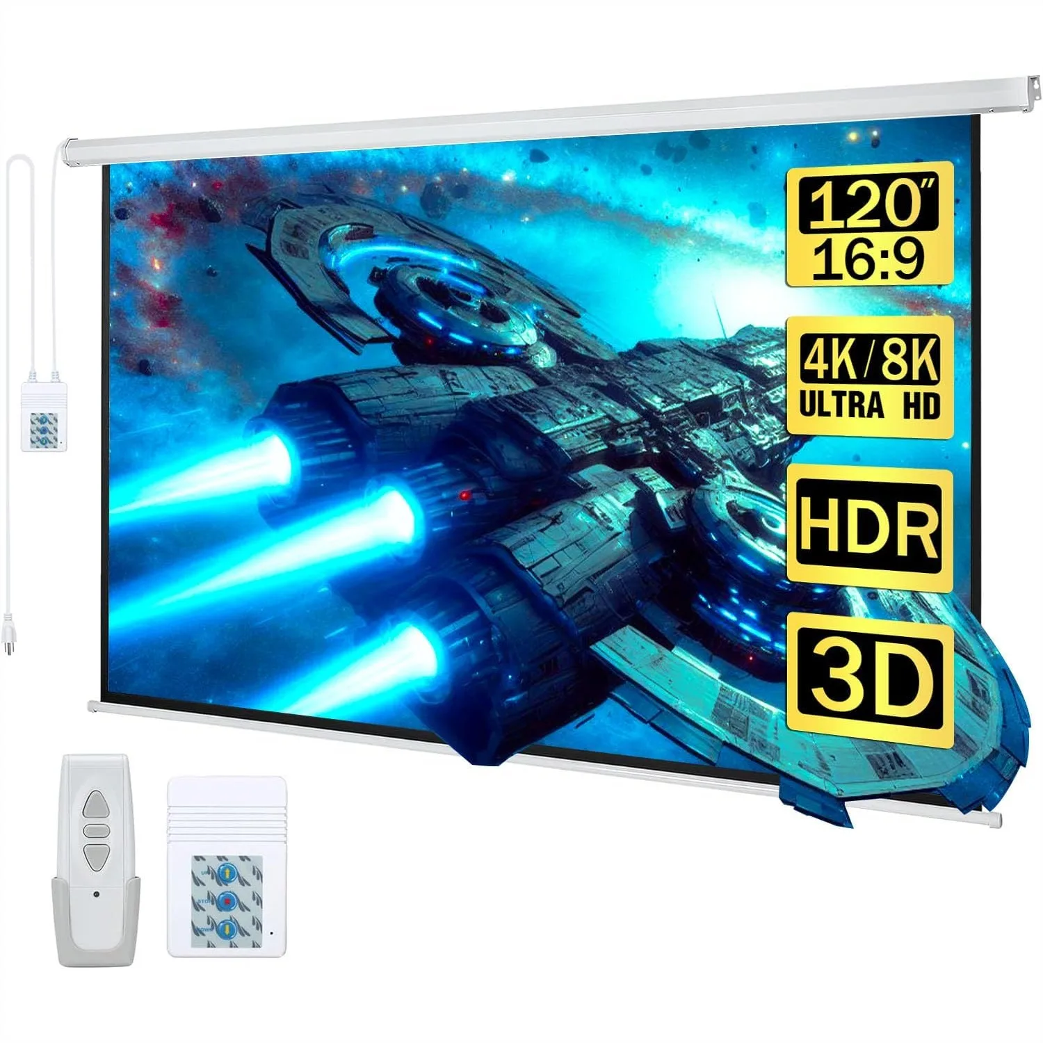 Motorized Projector Screen 120" Electric Diagonal 16:9 HD Movies for Home Theater, Education, Outdoor, Wireless Remote
Motorized Projector Screen 120" Electric Diagonal 16:9 HD Movies for Home Theater, Education, Outdoor, Wireless Remote