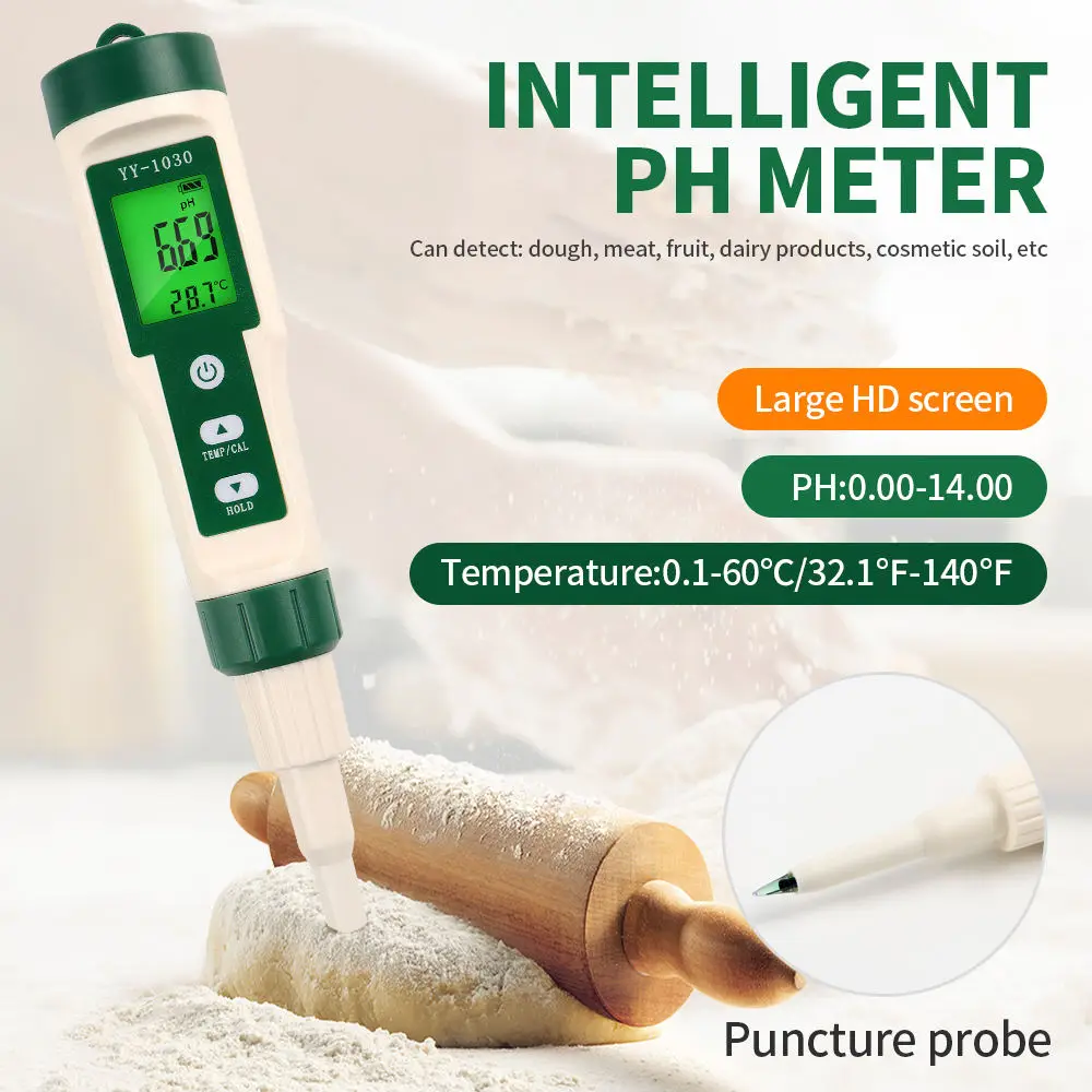 Food PH Meter 0.00-14.00, Puncture Probe for Meat Dough Yogurt Cheese, ATC Backlight Data Hold, Replaceable Head for Food
Food PH Meter 0.00-14.00, Puncture Probe for Meat Dough Yogurt Cheese, ATC Backlight Data Hold, Replaceable Head for Food