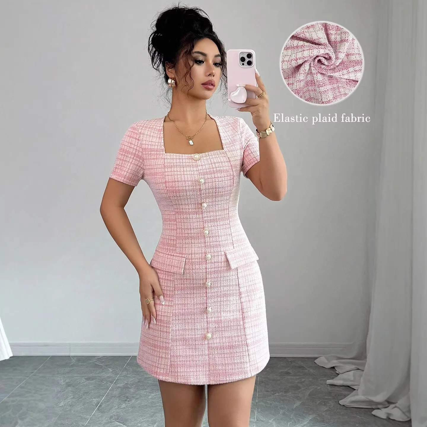 Summer Woman Dress Elegant Party Women's Short Sleeve Dresses Square Neck Mini Dress Fitted Waist Tweed Fabric Pearl Buttons
Summer Woman Dress Elegant Party Women's Short Sleeve Dresses Square Neck Mini Dress Fitted Waist Tweed Fabric Pearl Buttons