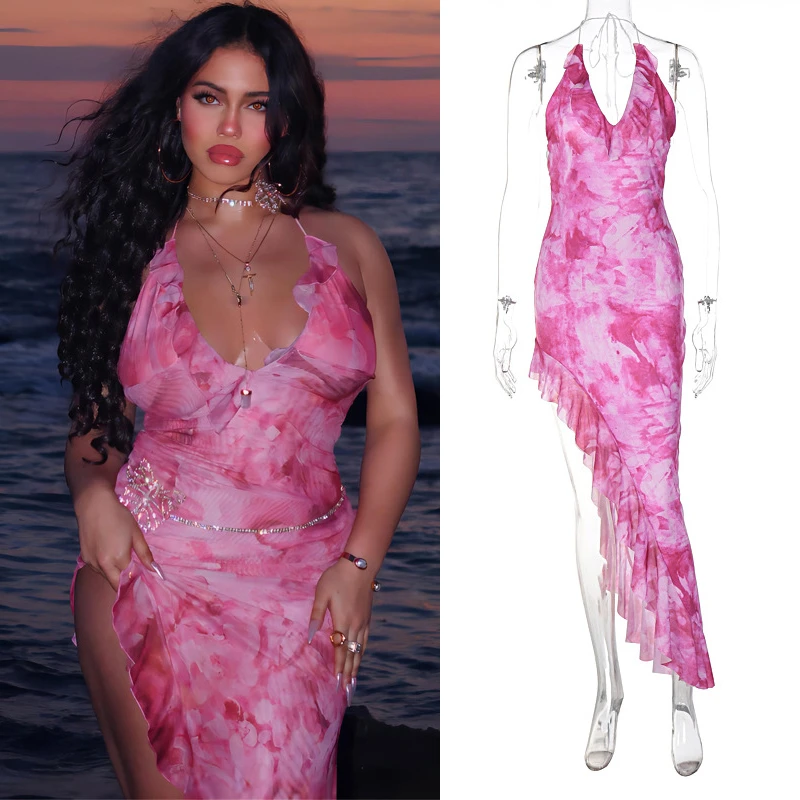 New Print Sexy V-Neck Dress With Backless Hanging Neck Patchwork And Irregular Wood Ear Edge For Summer Women's Clothing
New Print Sexy V-Neck Dress With Backless Hanging Neck Patchwork And Irregular Wood Ear Edge For Summer Women's Clothing