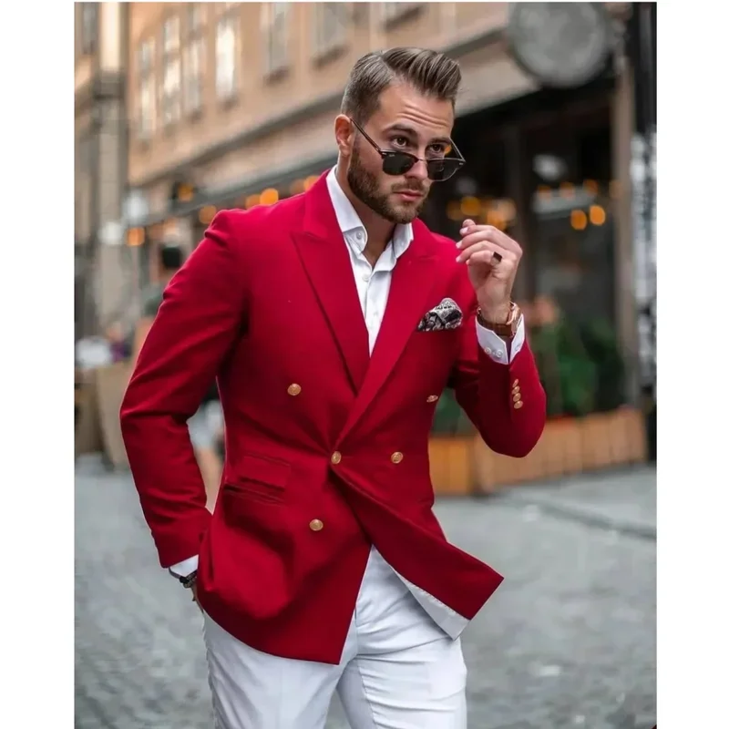 2 piece Fashion Red Wedding Dress Set set Peaked lapel double breasted casual coat White Pants Fashion Formal Ball Ocns tail
2 piece Fashion Red Wedding Dress Set set Peaked lapel double breasted casual coat White Pants Fashion Formal Ball Ocns tail