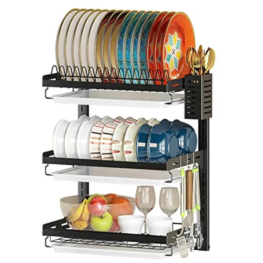 3 Tier Wall Mounted Dish Drying Rack Black Rustproof Hanging Dish Drainer Organizer with Utensil Holder and Removable Drainboar
3 Tier Wall Mounted Dish Drying Rack Black Rustproof Hanging Dish Drainer Organizer with Utensil Holder and Removable Drainboar