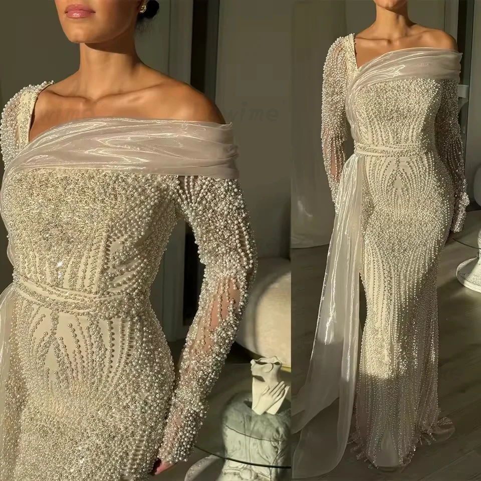 Elegant Full Pearls Evening Dresses Customized Off Shoulder Arabic Prom Dress Long Sleeve Occasions Party Gown Champagne Dress
Elegant Full Pearls Evening Dresses Customized Off Shoulder Arabic Prom Dress Long Sleeve Occasions Party Gown Champagne Dress