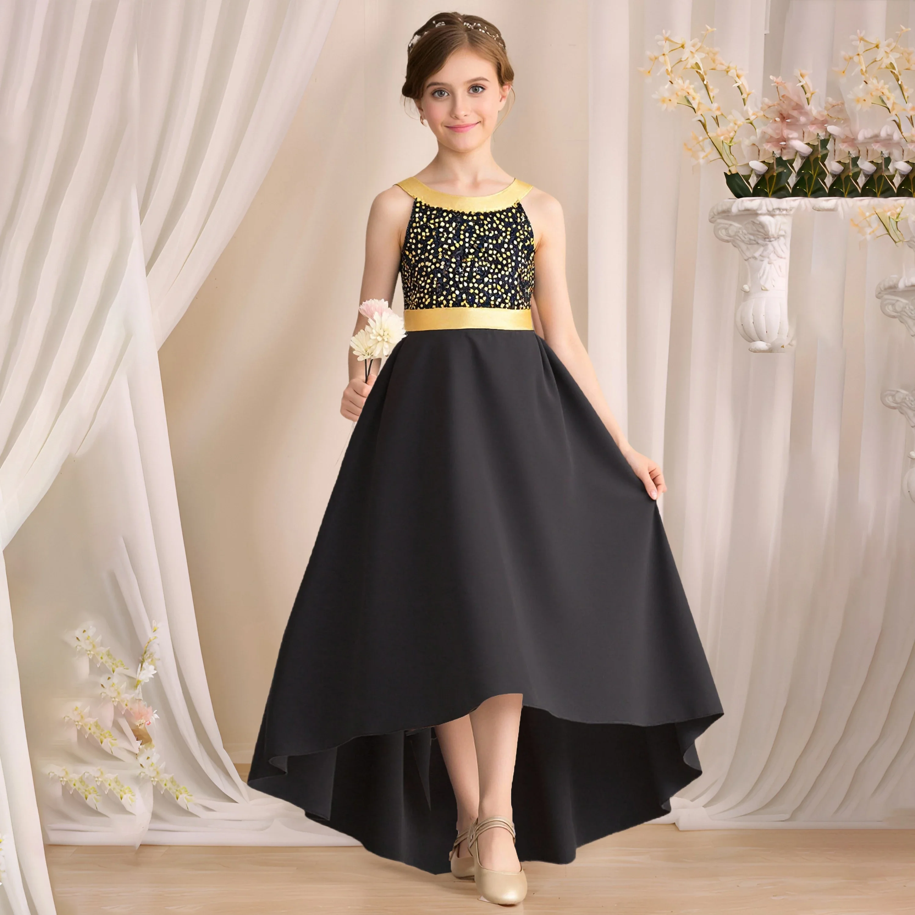 Girls' Black High - Low Evening Dress Sleeveless Gold Trimmed Print Flower Girl Dress Elegant Party A-line party evening dresses
Girls' Black High - Low Evening Dress Sleeveless Gold Trimmed Print Flower Girl Dress Elegant Party A-line party evening dresses