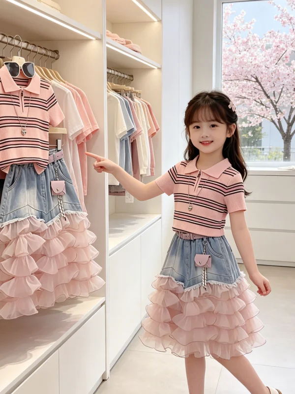 Girls Summer 2026 Comfortable Striped Top And Denim Skirt Set Two-Piece Casual Sportswear Cotton Fabric Shirt Style
Girls Summer 2026 Comfortable Striped Top And Denim Skirt Set Two-Piece Casual Sportswear Cotton Fabric Shirt Style