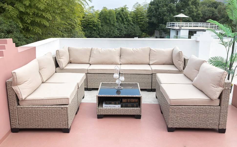 9PC Beige Modular Boho Patio Set w/ Waterproof Thick Cushions & Glass Table, 400lb Capacity, for Outdoor/Garden
9PC Beige Modular Boho Patio Set w/ Waterproof Thick Cushions & Glass Table, 400lb Capacity, for Outdoor/Garden