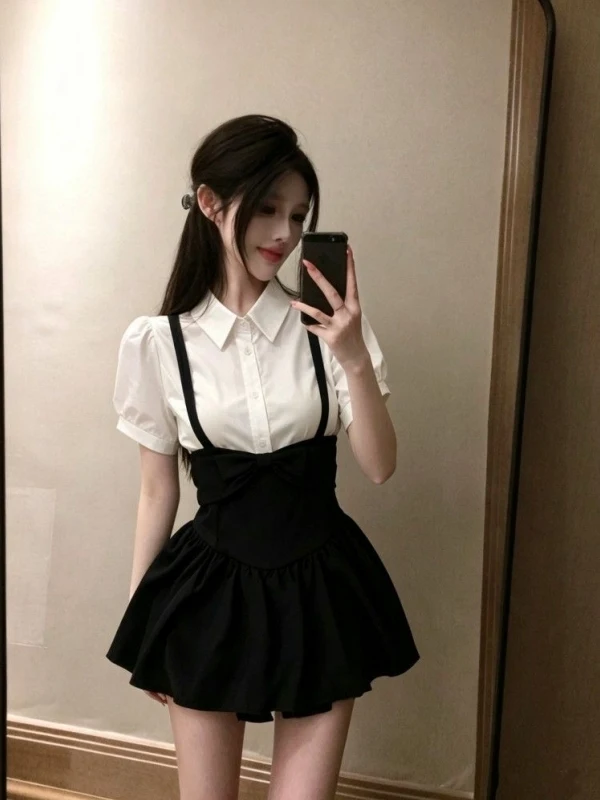 Summer New Style Korean College Wind Commute Outfit Bubble Sleeve Shirt Knot Strap Dress Set Women's Fashion Ensemble
Summer New Style Korean College Wind Commute Outfit Bubble Sleeve Shirt Knot Strap Dress Set Women's Fashion Ensemble