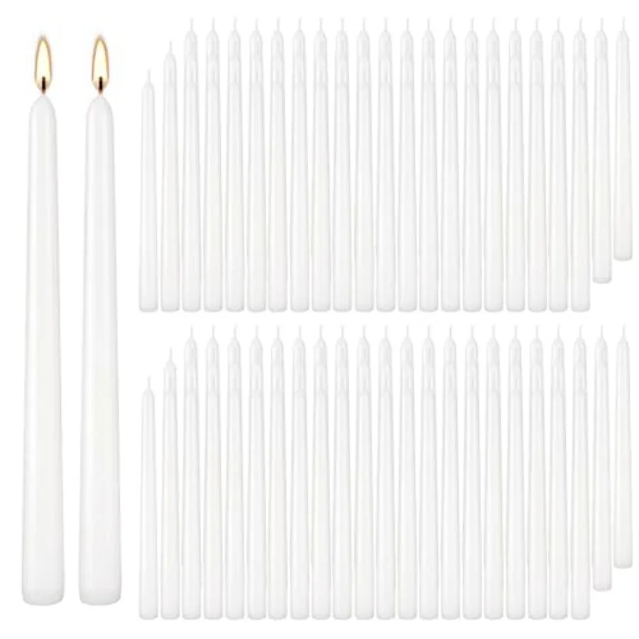 100Pack White Taper Candles, 7-8 Hours Burn Time, Unscented, Smokeless and Dripless, 0.75 x 10 Inch Dinner Candle Set for House
100Pack White Taper Candles, 7-8 Hours Burn Time, Unscented, Smokeless and Dripless, 0.75 x 10 Inch Dinner Candle Set for House